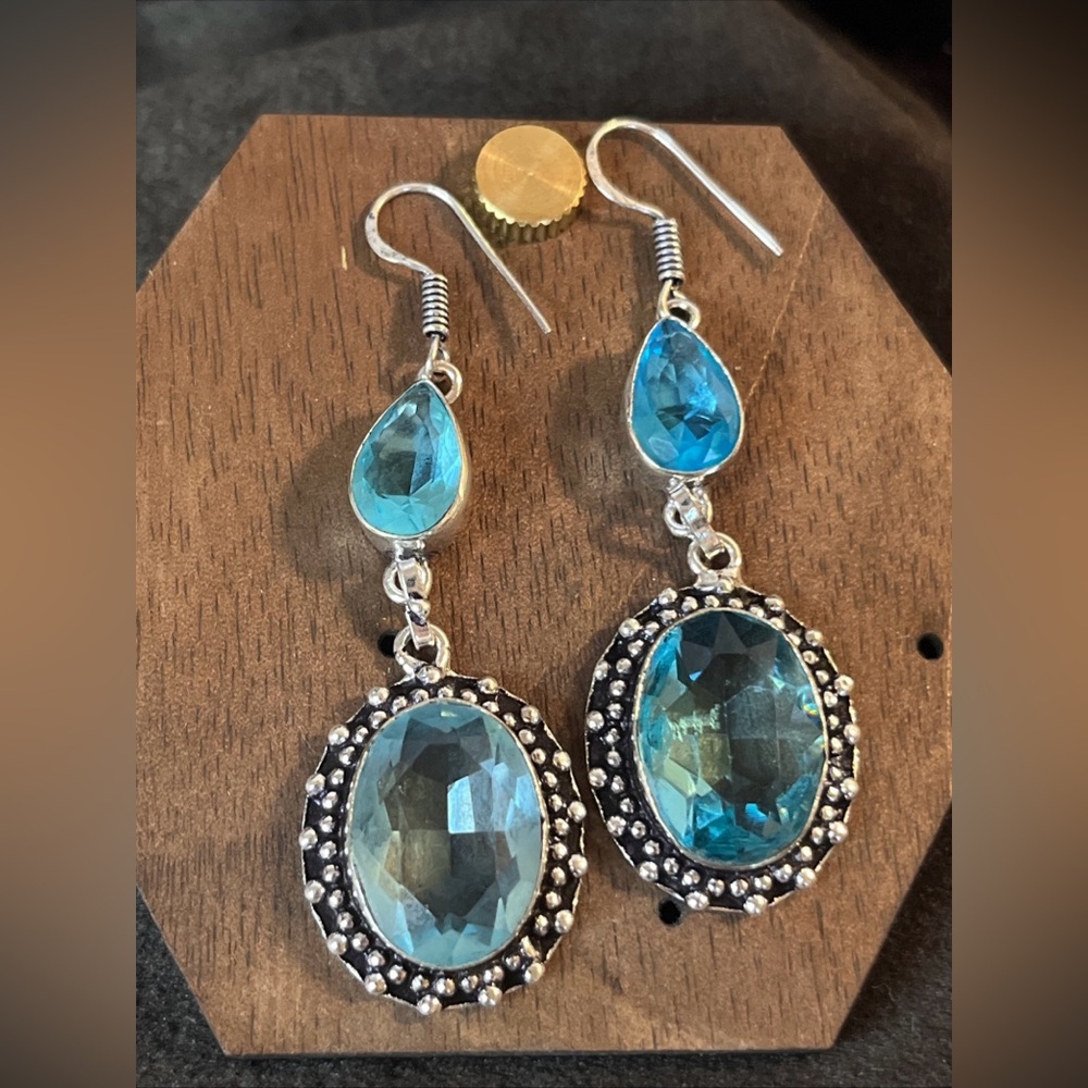 New Blue Topaz Dangle Earrings in Sterling Silver, Natural and Faceted